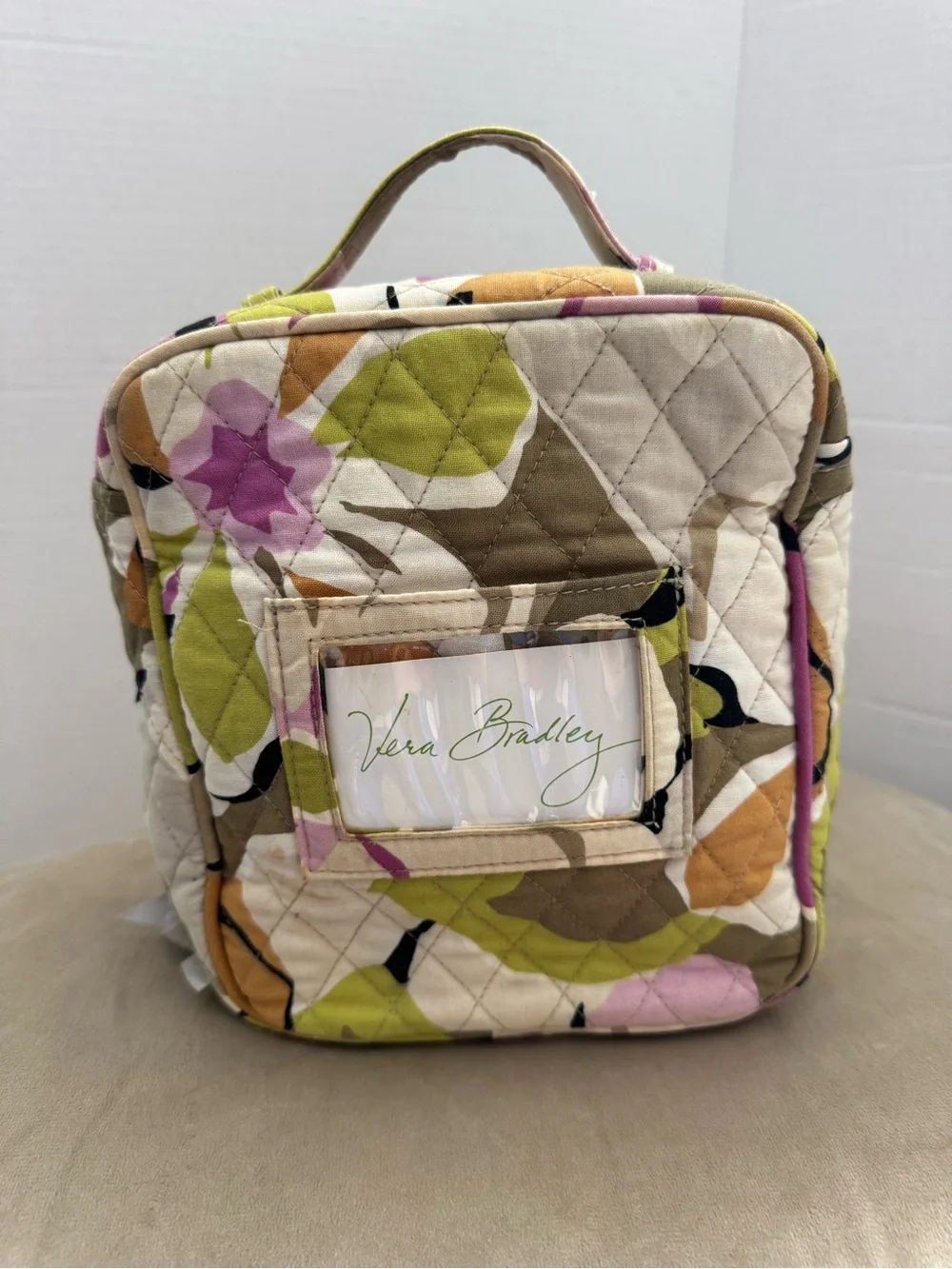 Vera Bradley Quilted Floral Cosmetic Bag in Olive, Pink & Tan